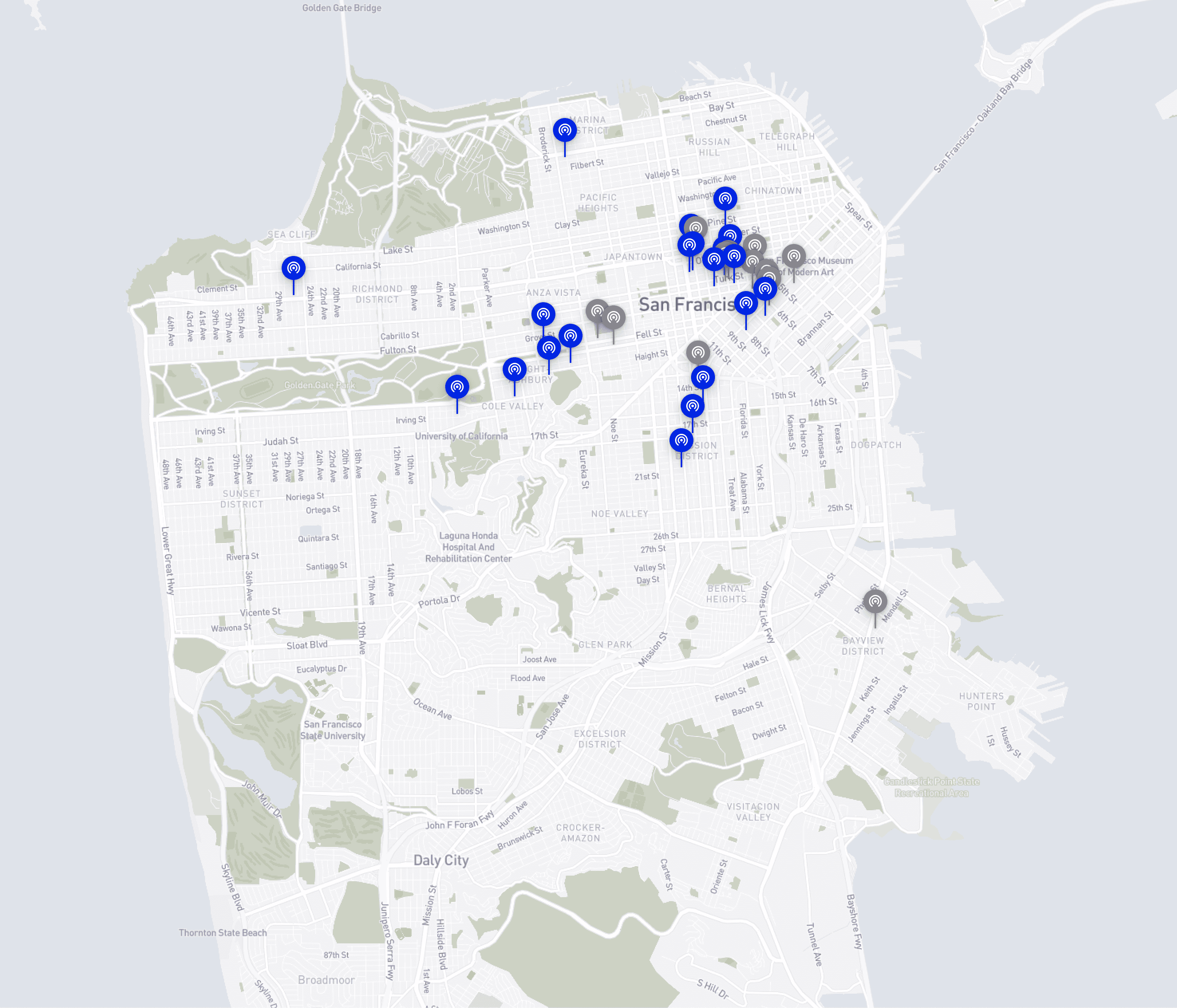Map of ShelterConnect installations and planned sites across San Francisco